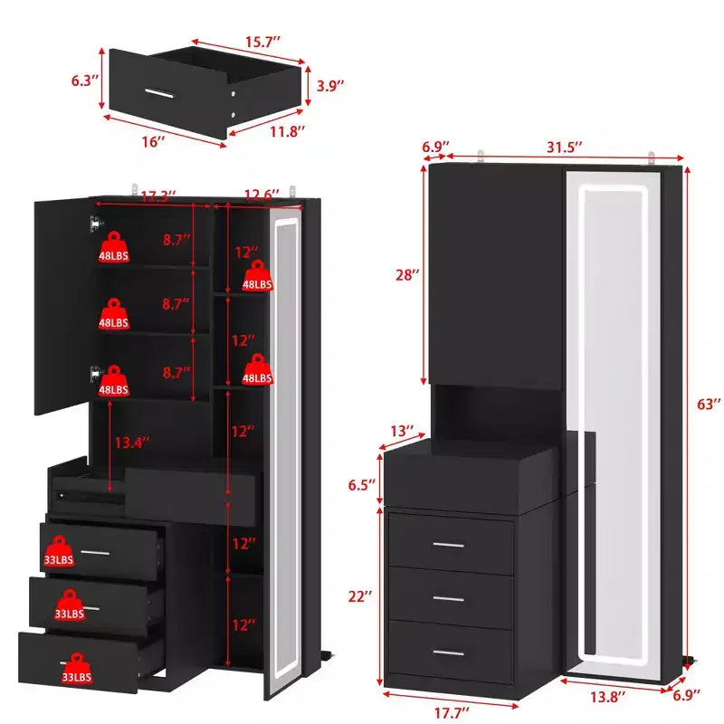 Meuble-lavabo avec miroir LED pleine grandeur et tiroirs divisés, organisateur de maquillage de chambre à coucher, blanc/noir/rose