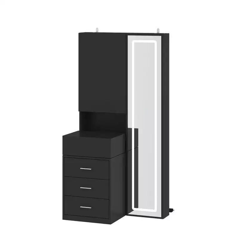 Meuble-lavabo avec miroir LED pleine grandeur et tiroirs divisés, organisateur de maquillage de chambre à coucher, blanc/noir/rose
