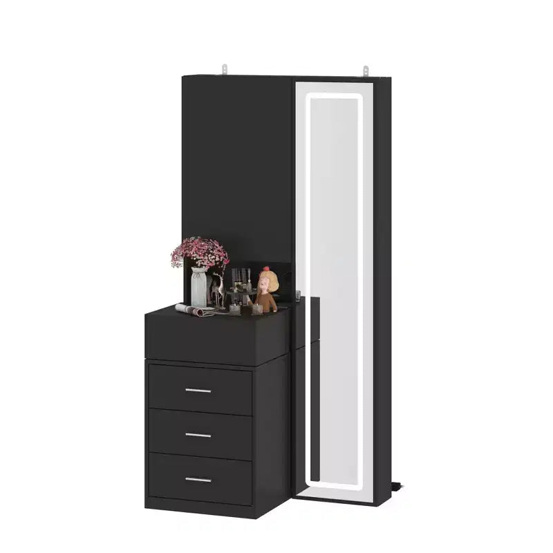 Meuble-lavabo avec miroir LED pleine grandeur et tiroirs divisés, organisateur de maquillage de chambre à coucher, blanc/noir/rose