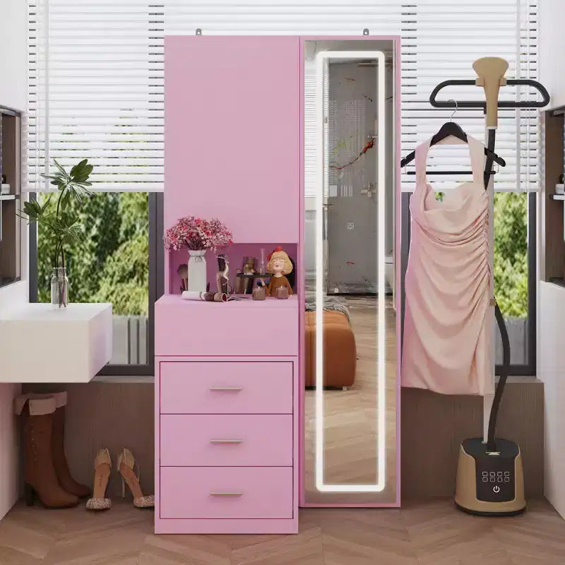 Meuble-lavabo avec miroir LED pleine grandeur et tiroirs divisés, organisateur de maquillage de chambre à coucher, blanc/noir/rose