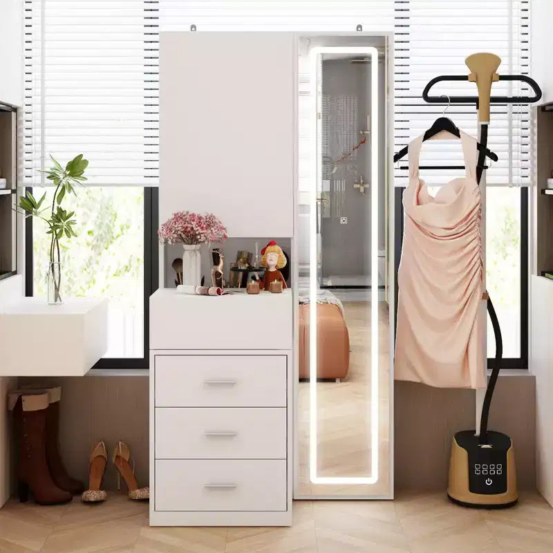 Meuble-lavabo avec miroir LED pleine grandeur et tiroirs divisés, organisateur de maquillage de chambre à coucher, blanc/noir/rose