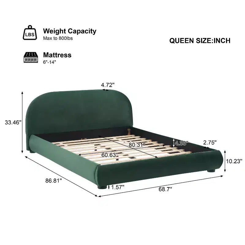 Lit plateforme Queen/King Size, Cadre de lit rembourré en tissu bouclé avec tête de lit incurvée
