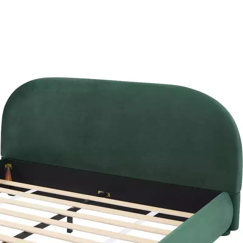 Lit plateforme Queen/King Size, Cadre de lit rembourré en tissu bouclé avec tête de lit incurvée