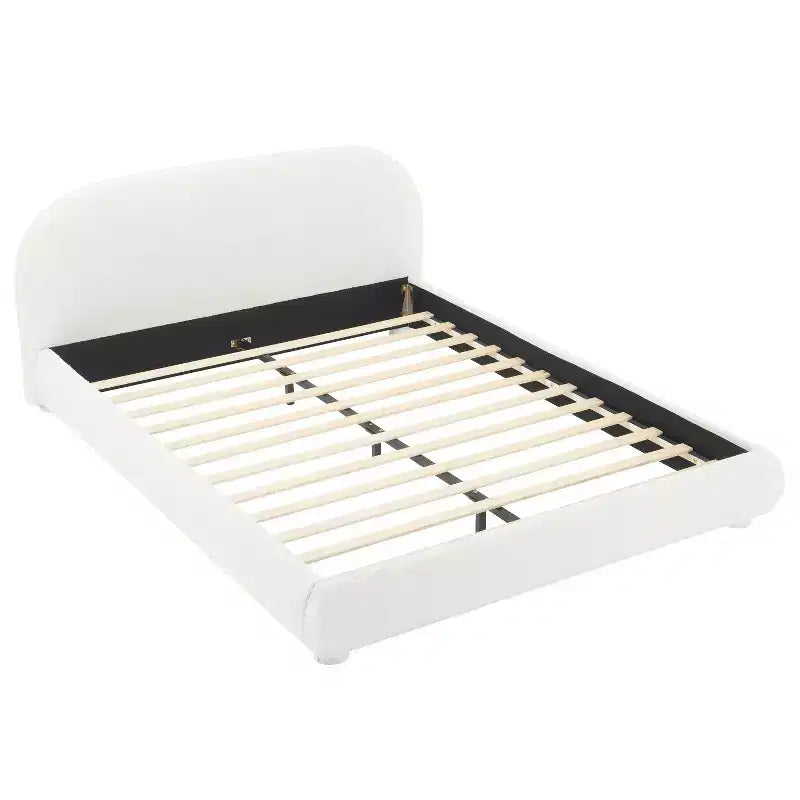 Lit plateforme Queen/King Size, Cadre de lit rembourré en tissu bouclé avec tête de lit incurvée