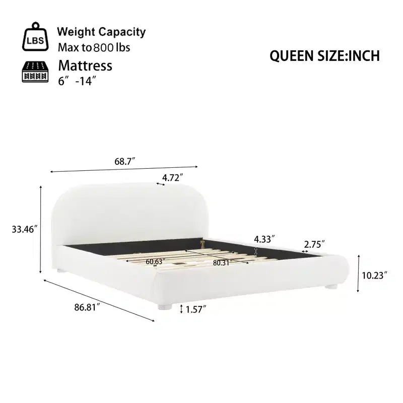 Lit plateforme Queen/King Size, Cadre de lit rembourré en tissu bouclé avec tête de lit incurvée
