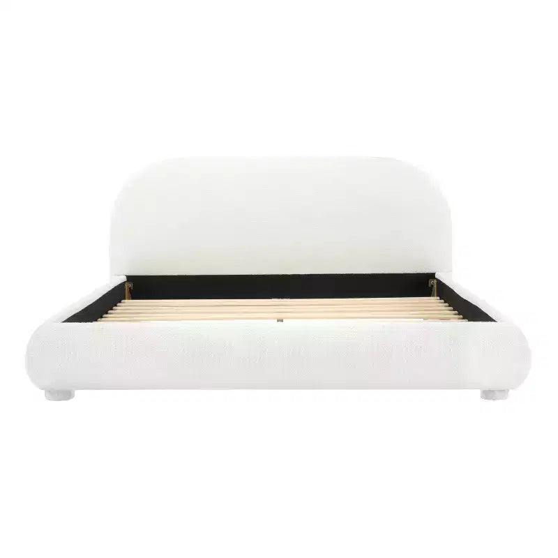 Lit plateforme Queen/King Size, Cadre de lit rembourré en tissu bouclé avec tête de lit incurvée
