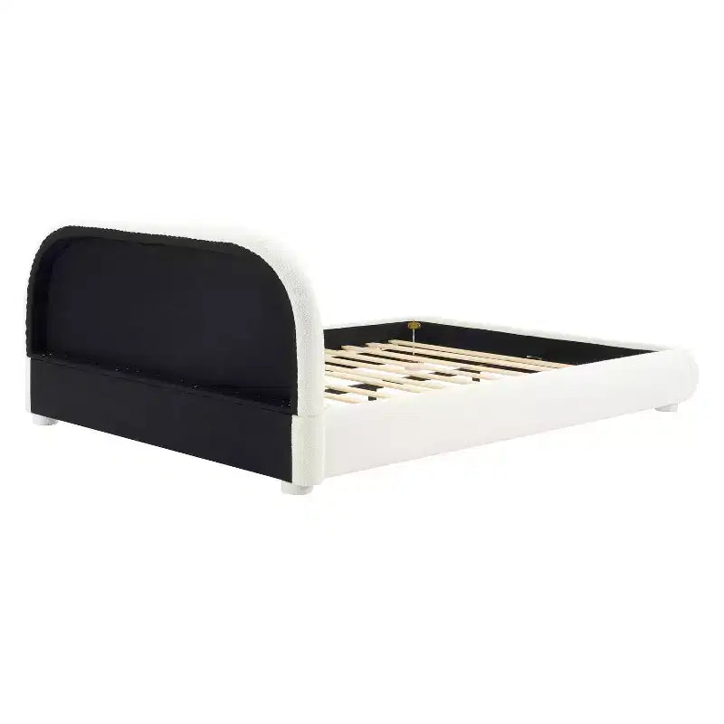 Lit plateforme Queen/King Size, Cadre de lit rembourré en tissu bouclé avec tête de lit incurvée