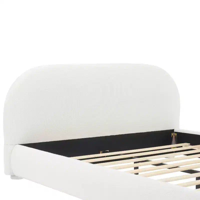 Lit plateforme Queen/King Size, Cadre de lit rembourré en tissu bouclé avec tête de lit incurvée