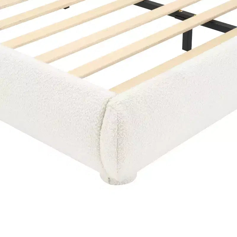 Lit plateforme Queen/King Size, Cadre de lit rembourré en tissu bouclé avec tête de lit incurvée