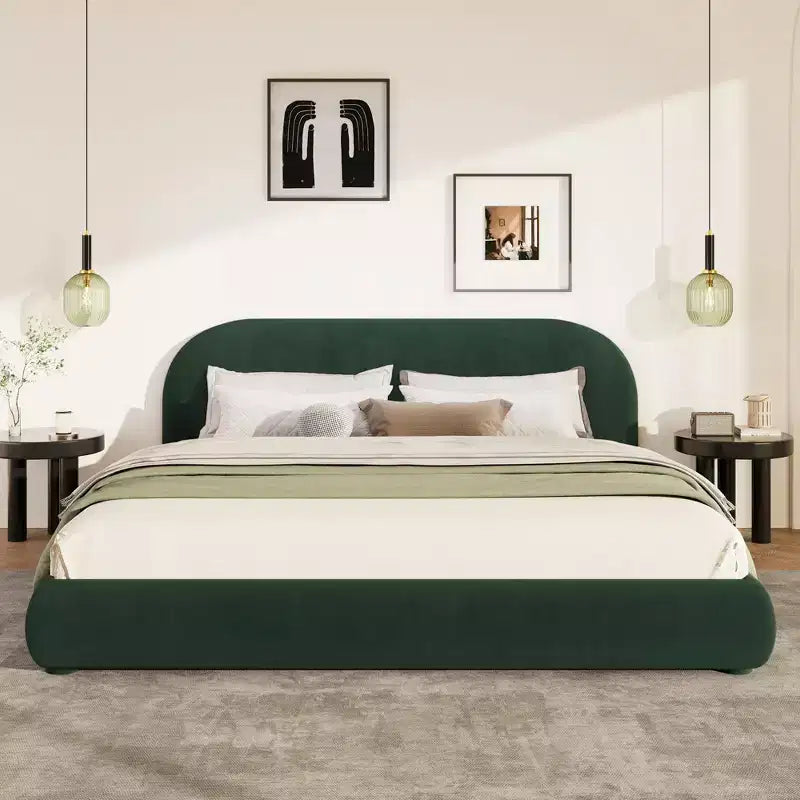 Lit plateforme Queen/King Size, Cadre de lit rembourré en tissu bouclé avec tête de lit incurvée
