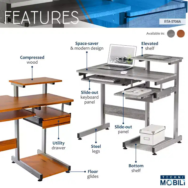 Bureau informatique de 95,9 cm avec tiroir clavier, bureau debout avec étagères de rangement, bureau pour salon, salle de lecture, bureau