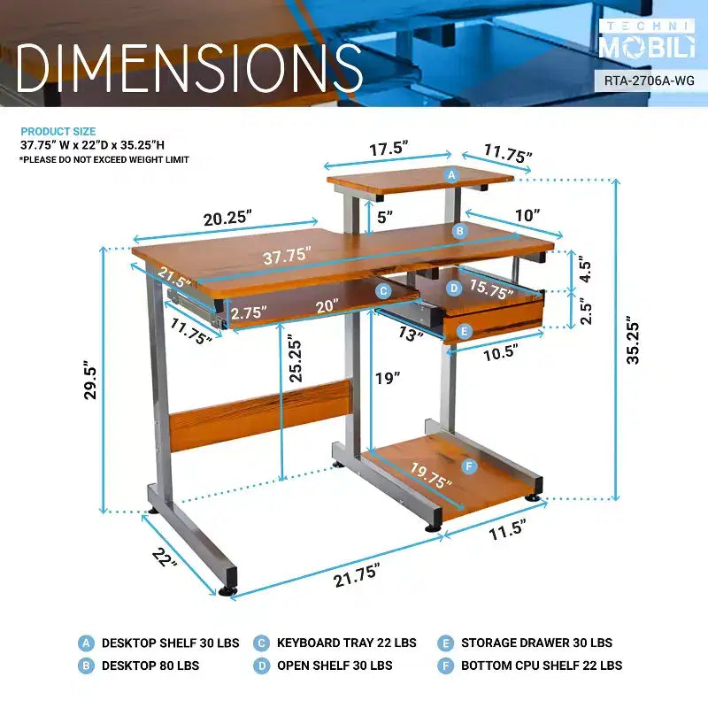 Bureau informatique de 95,9 cm avec tiroir clavier, bureau debout avec étagères de rangement, bureau pour salon, salle de lecture, bureau