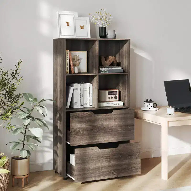 Lot de 2 bibliothèques à 5 niveaux et 4 casiers avec 2 tiroirs, 130 cm, Noir/Blanc