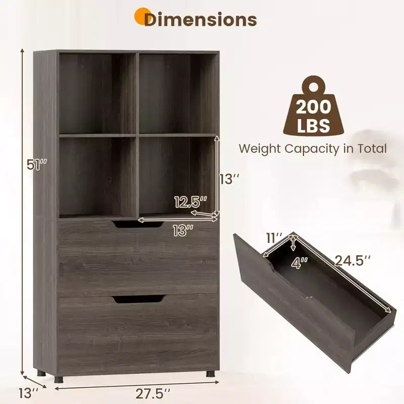 Lot de 2 bibliothèques à 5 niveaux et 4 casiers avec 2 tiroirs, 130 cm, Noir/Blanc