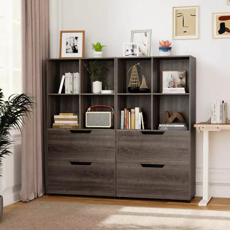 Lot de 2 bibliothèques à 5 niveaux et 4 casiers avec 2 tiroirs, 130 cm, Noir/Blanc