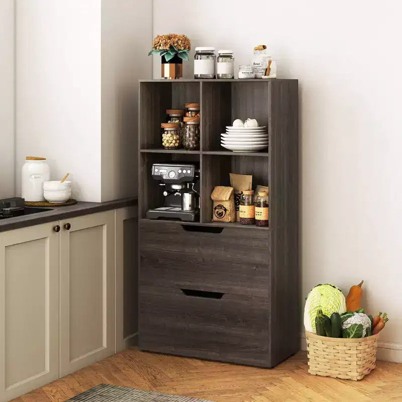 Lot de 2 bibliothèques à 5 niveaux et 4 casiers avec 2 tiroirs, 130 cm, Noir/Blanc