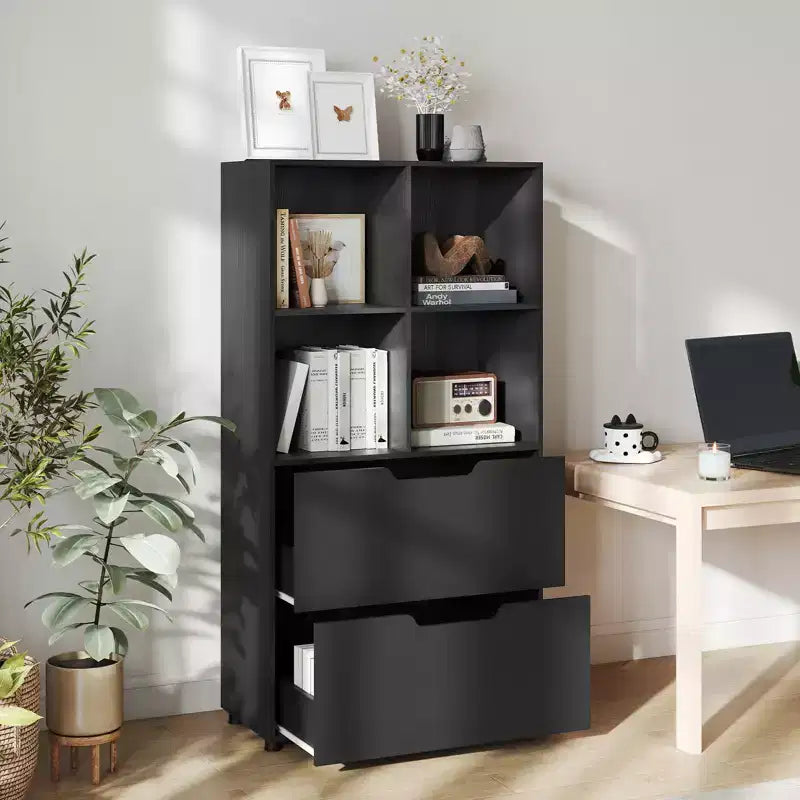 Lot de 2 bibliothèques à 5 niveaux et 4 casiers avec 2 tiroirs, 130 cm, Noir/Blanc