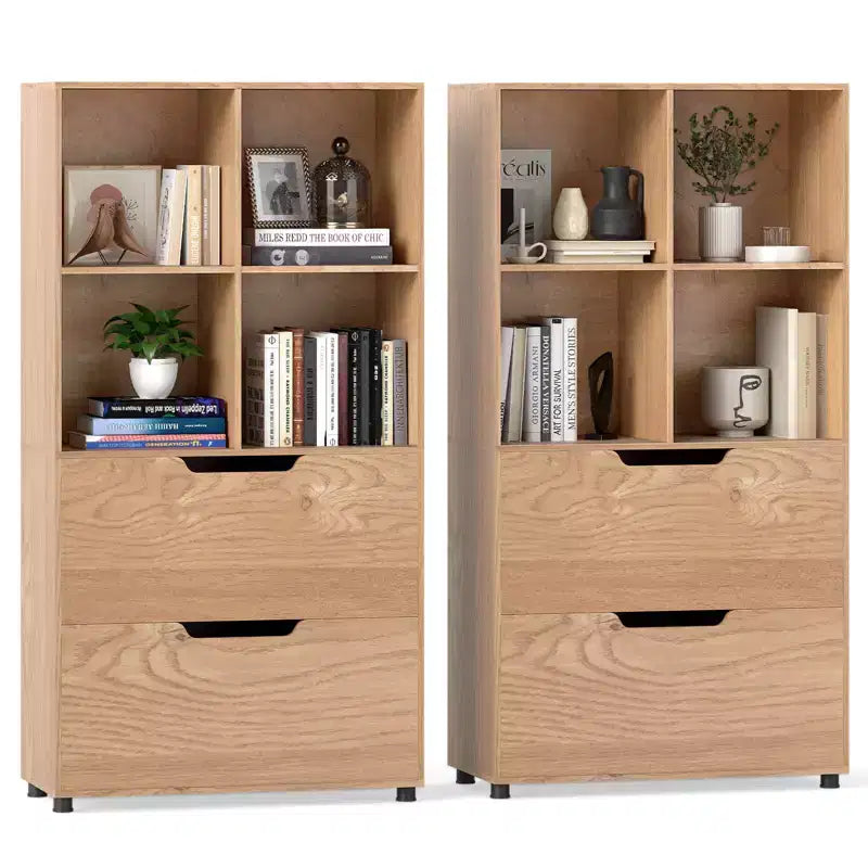 Lot de 2 bibliothèques à 5 niveaux et 4 casiers avec 2 tiroirs, 130 cm, Noir/Blanc