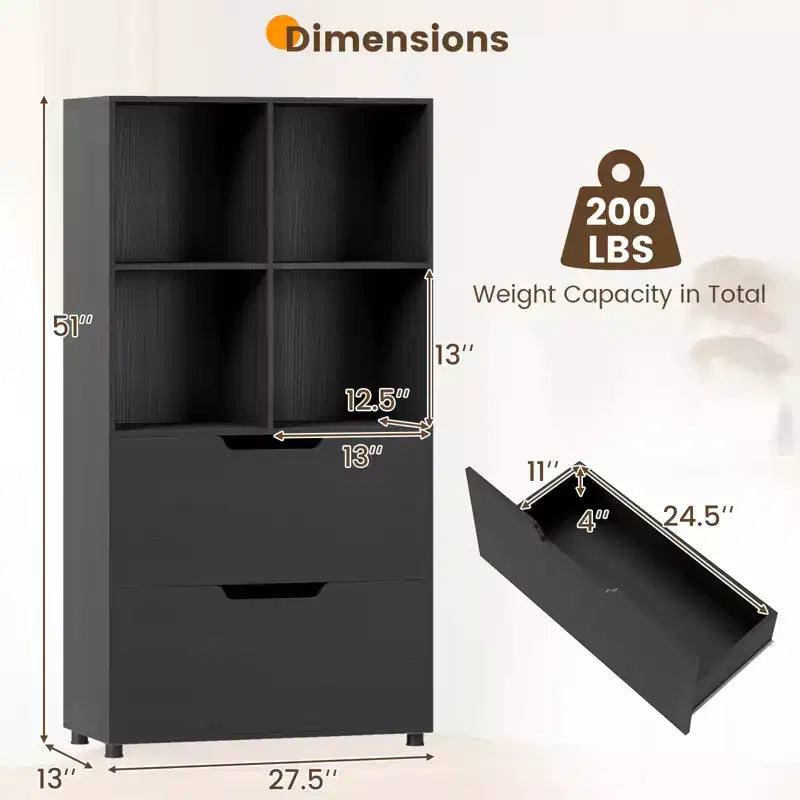 Lot de 2 bibliothèques à 5 niveaux et 4 casiers avec 2 tiroirs, 130 cm, Noir/Blanc