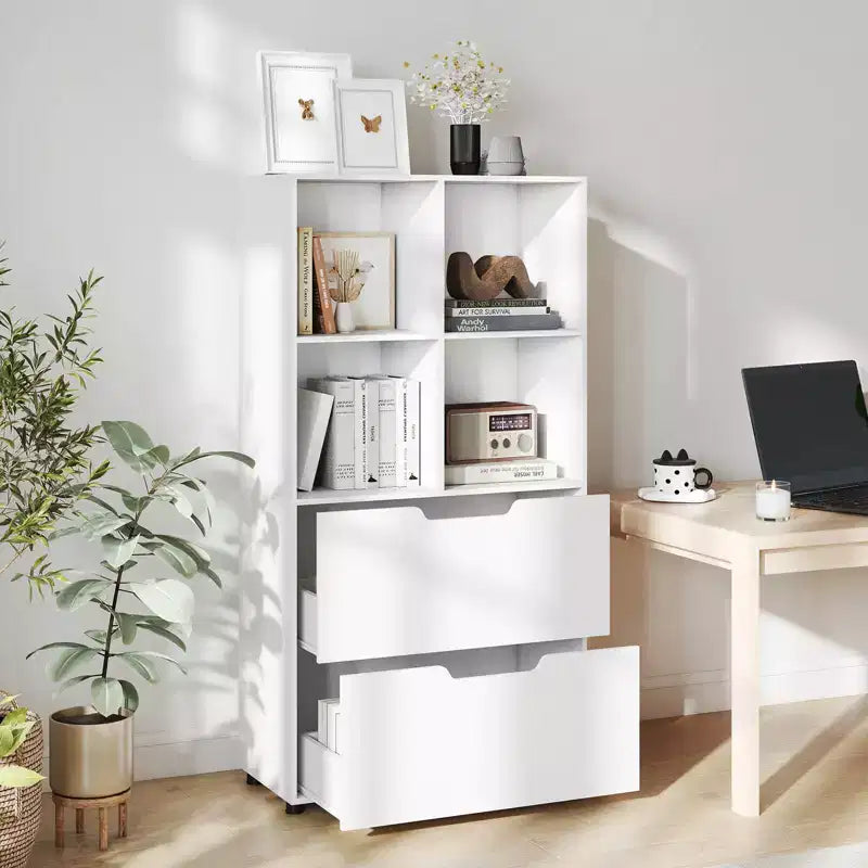 Lot de 2 bibliothèques à 5 niveaux et 4 casiers avec 2 tiroirs, 130 cm, Noir/Blanc