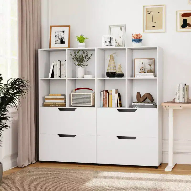 Lot de 2 bibliothèques à 5 niveaux et 4 casiers avec 2 tiroirs, 130 cm, Noir/Blanc