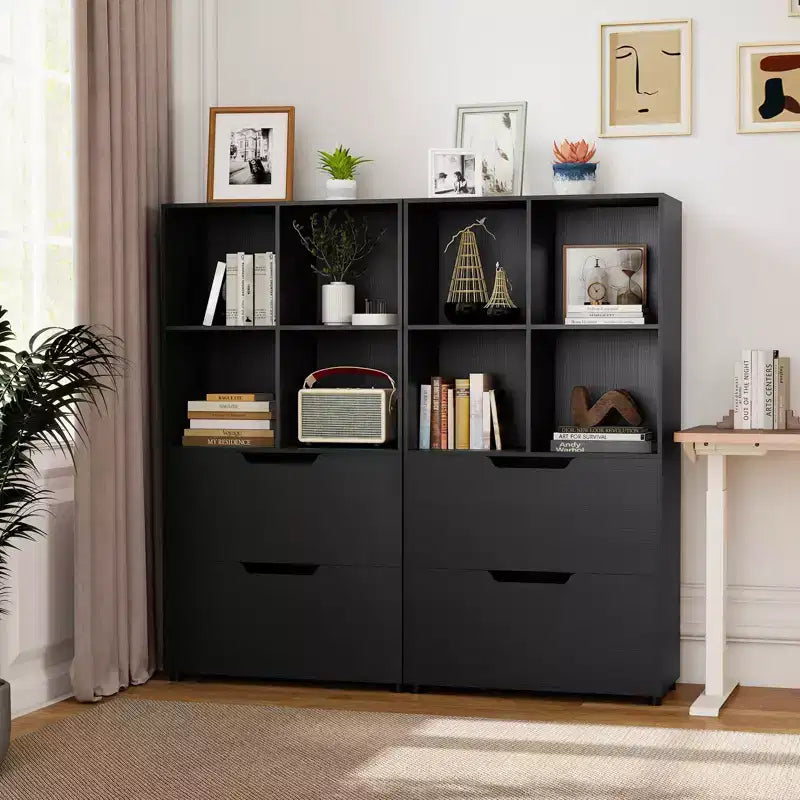 Lot de 2 bibliothèques à 5 niveaux et 4 casiers avec 2 tiroirs, 130 cm, Noir/Blanc