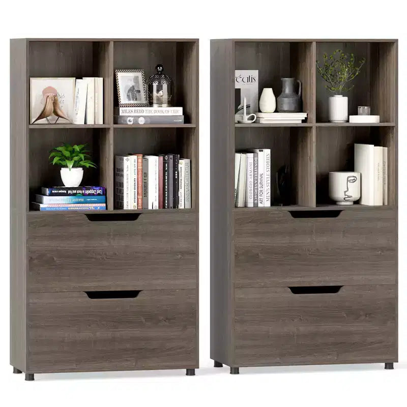 Lot de 2 bibliothèques à 5 niveaux et 4 casiers avec 2 tiroirs, 130 cm, Noir/Blanc