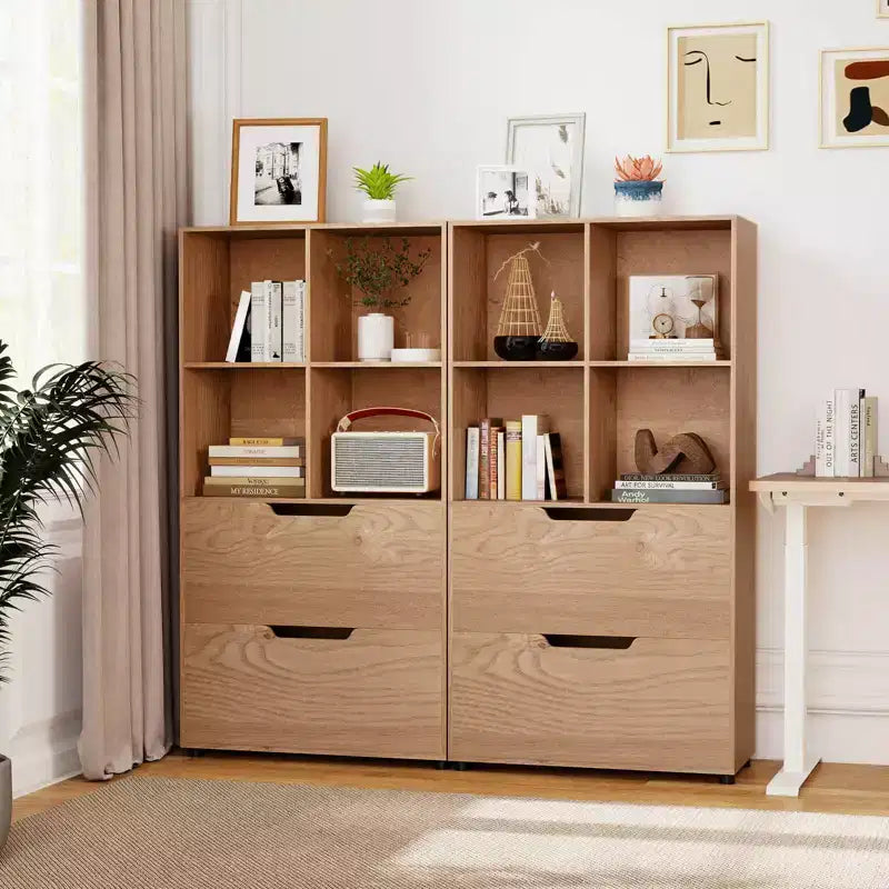 Lot de 2 bibliothèques à 5 niveaux et 4 casiers avec 2 tiroirs, 130 cm, Noir/Blanc