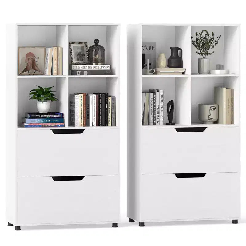 Lot de 2 bibliothèques à 5 niveaux et 4 casiers avec 2 tiroirs, 130 cm, Noir/Blanc