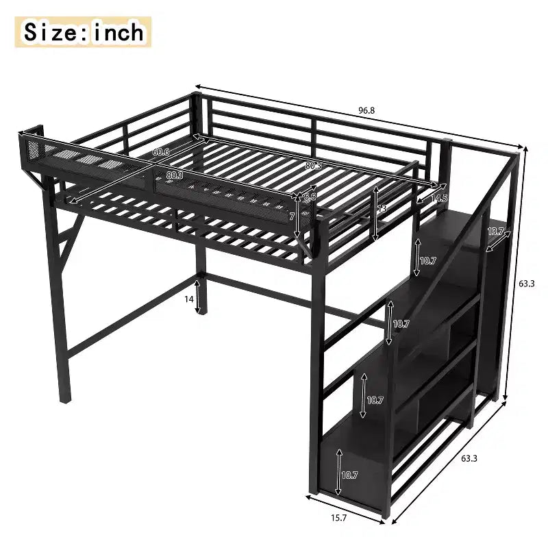 Lit mezzanine queen avec escalier de rangement, étagères et armoire intégrée, ports USB, conception anti-bruit, noir