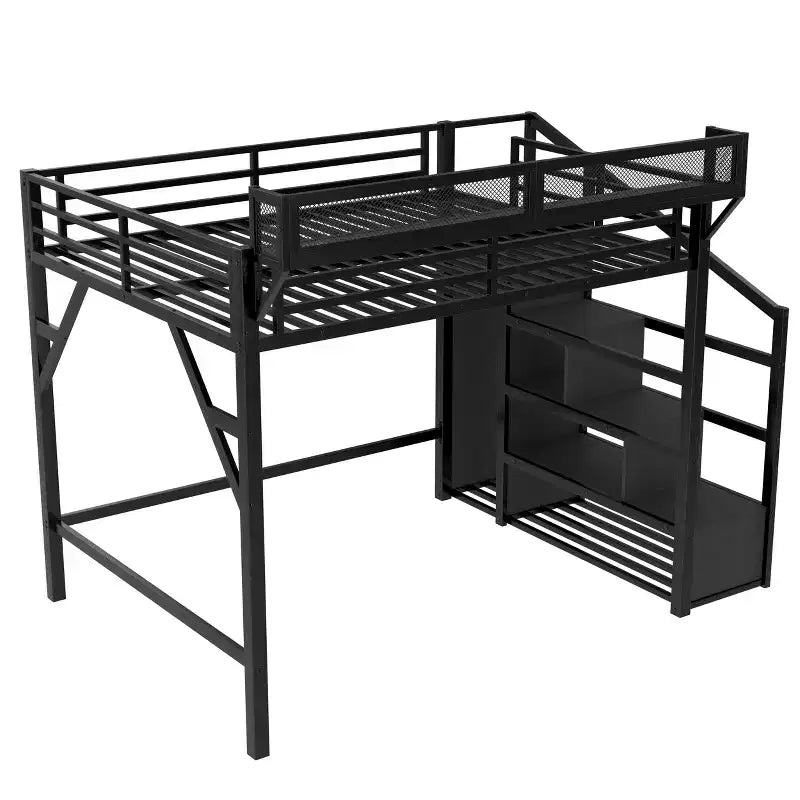 Lit mezzanine queen avec escalier de rangement, étagères et armoire intégrée, ports USB, conception anti-bruit, noir