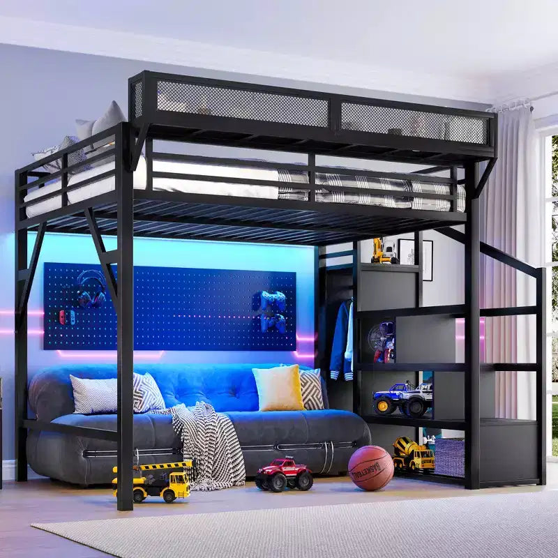 Lit mezzanine queen avec escalier de rangement, étagères et armoire intégrée, ports USB, conception anti-bruit, noir