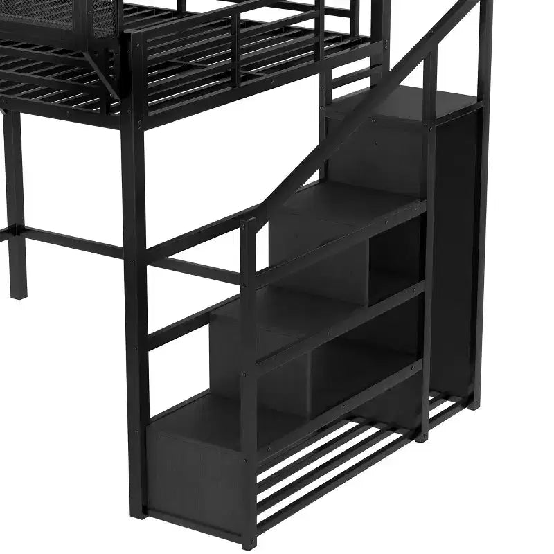 Lit mezzanine queen avec escalier de rangement, étagères et armoire intégrée, ports USB, conception anti-bruit, noir