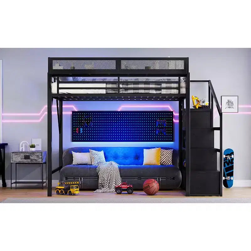 Lit mezzanine queen avec escalier de rangement, étagères et armoire intégrée, ports USB, conception anti-bruit, noir