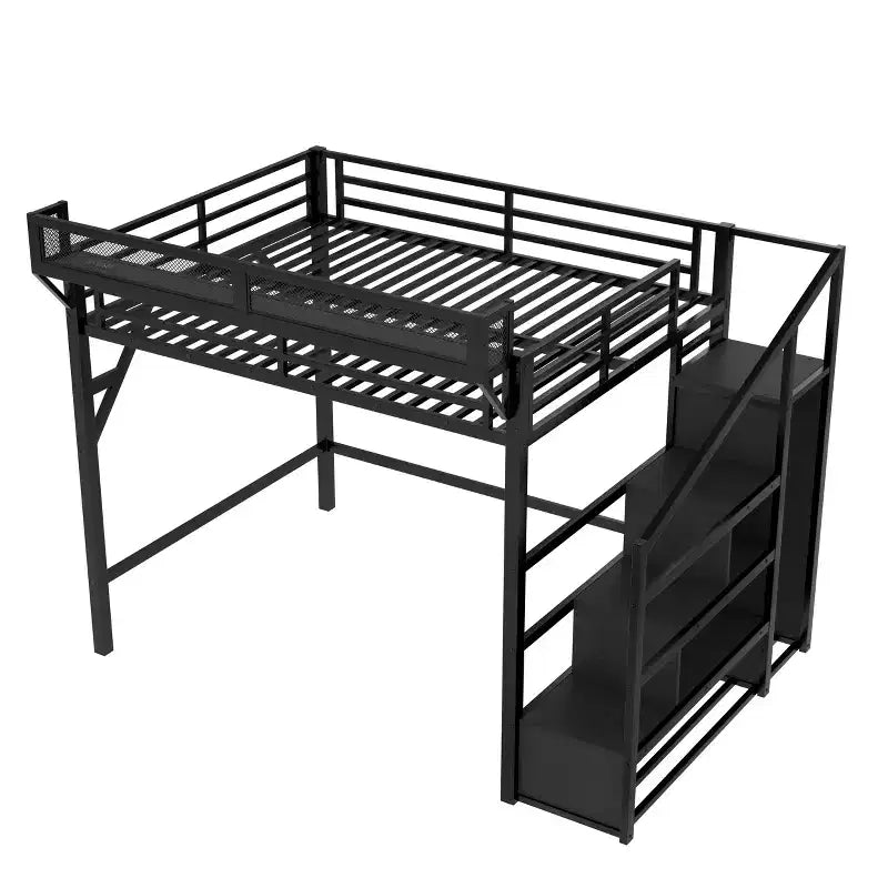 Lit mezzanine queen avec escalier de rangement, étagères et armoire intégrée, ports USB, conception anti-bruit, noir