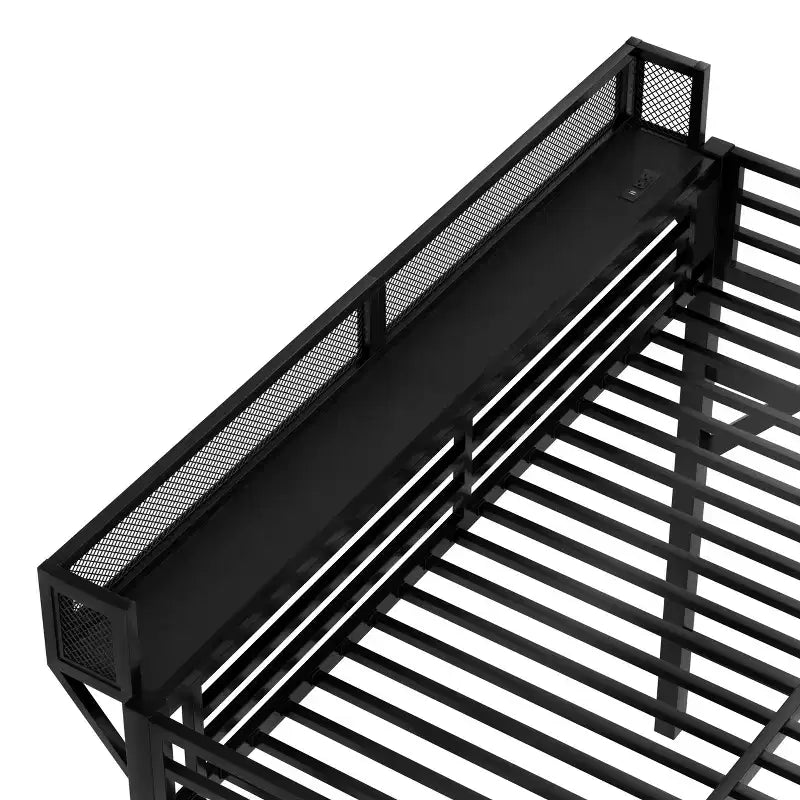 Lit mezzanine queen avec escalier de rangement, étagères et armoire intégrée, ports USB, conception anti-bruit, noir