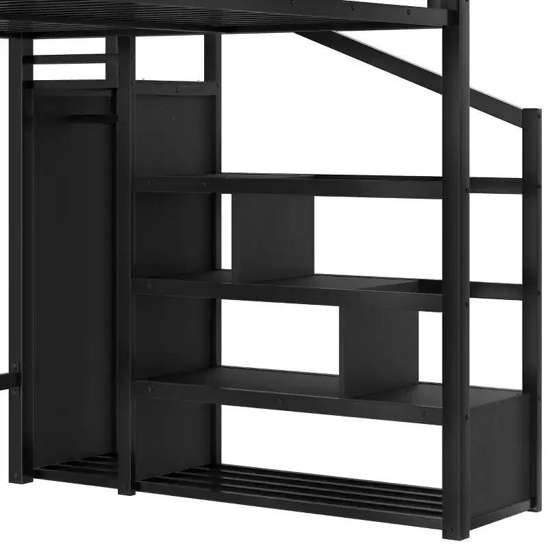 Lit mezzanine queen avec escalier de rangement, étagères et armoire intégrée, ports USB, conception anti-bruit, noir