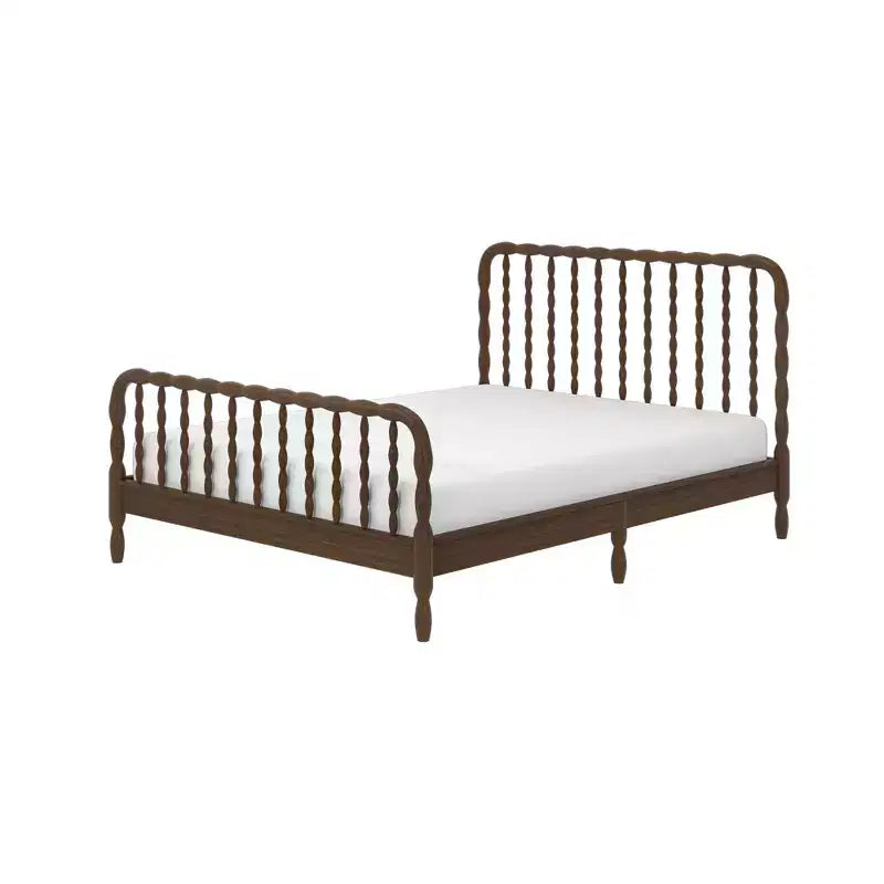 Lit Queen Spindle avec tête de lit en bois tourné, en pin massif, aucun sommier tapissier requis