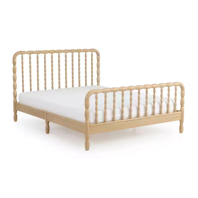 Lit Queen Spindle avec tête de lit en bois tourné, en pin massif, aucun sommier tapissier requis