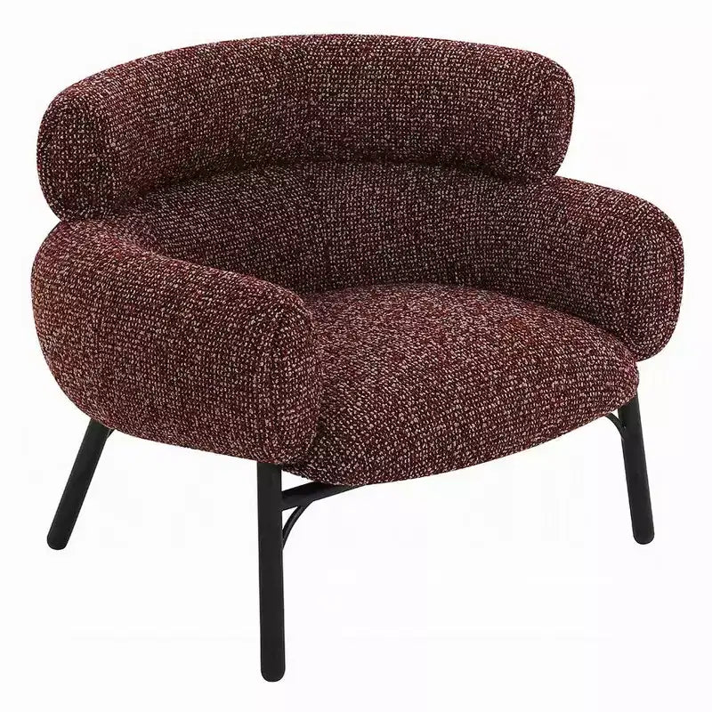 Fauteuil d'appoint dossier incurvé, tissu tweed rouge marron avec pieds en métal noir