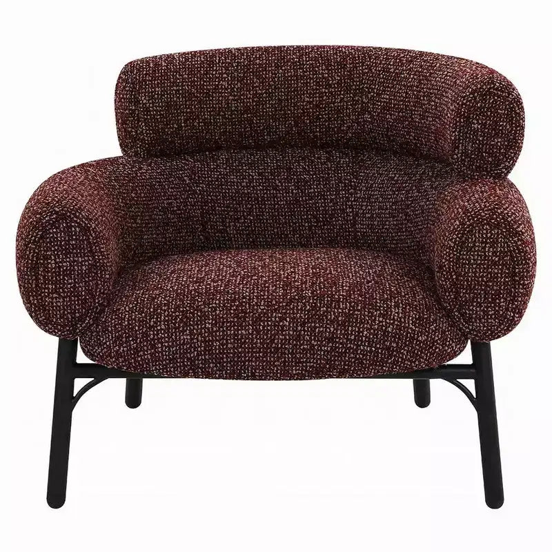 Fauteuil d'appoint dossier incurvé, tissu tweed rouge marron avec pieds en métal noir