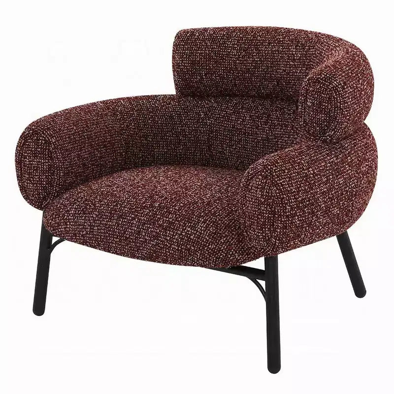 Fauteuil d'appoint dossier incurvé, tissu tweed rouge marron avec pieds en métal noir