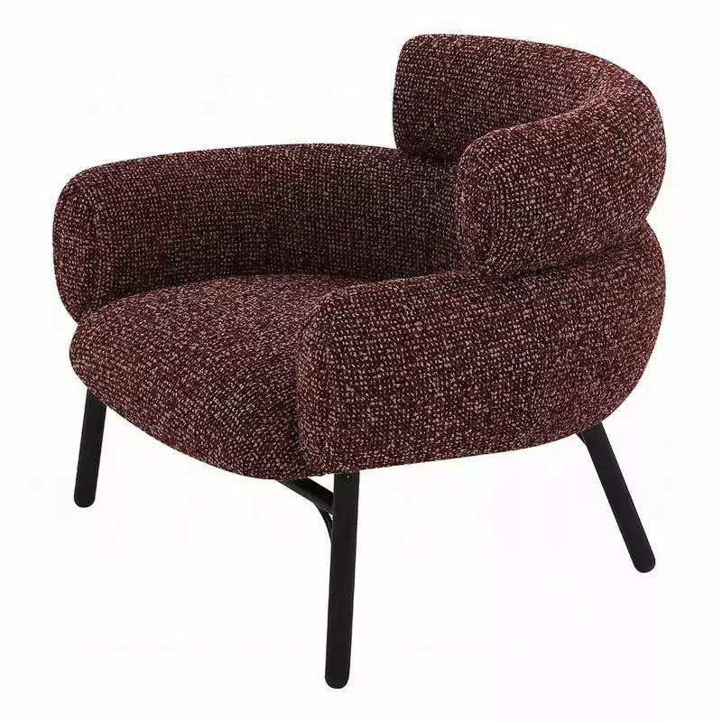 Fauteuil d'appoint dossier incurvé, tissu tweed rouge marron avec pieds en métal noir