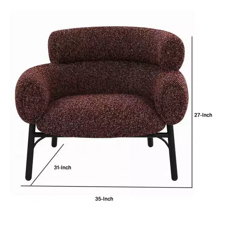 Fauteuil d'appoint dossier incurvé, tissu tweed rouge marron avec pieds en métal noir