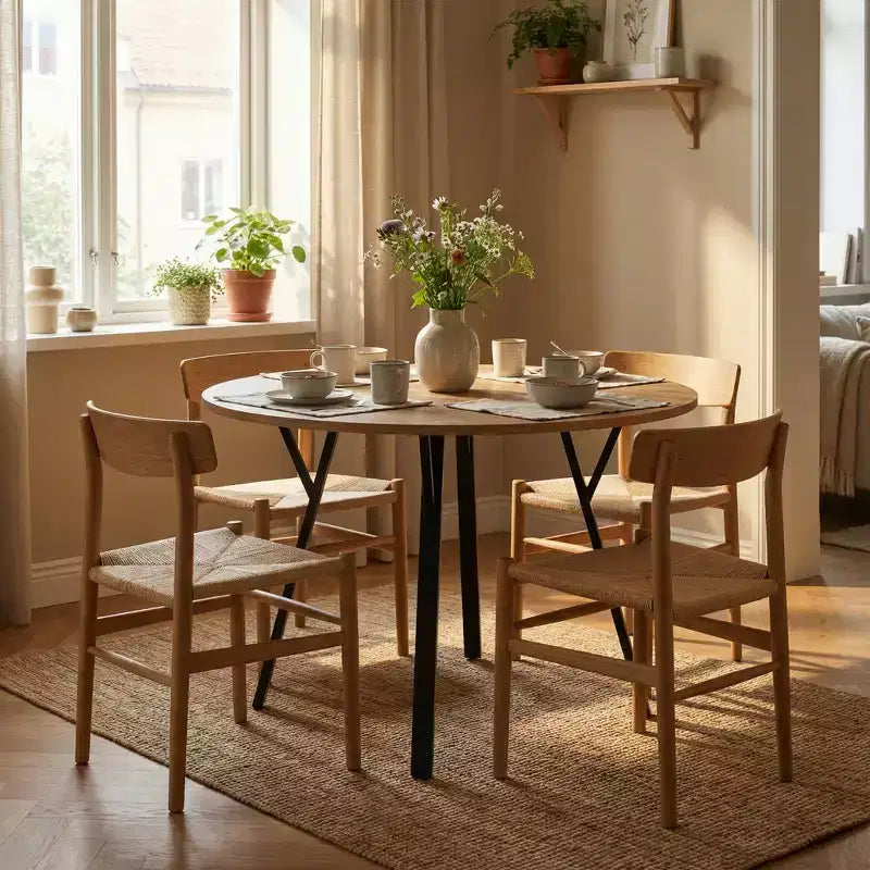 Table à manger ronde de 35,4 pouces avec plateau aspect bois et pieds en métal noir, 2 à 4 places