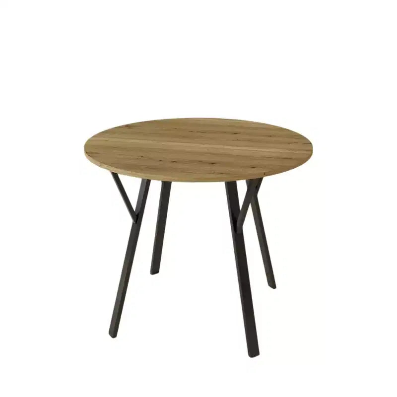 Table à manger ronde de 35,4 pouces avec plateau aspect bois et pieds en métal noir, 2 à 4 places