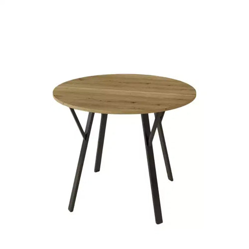 Table à manger ronde de 35,4 pouces avec plateau aspect bois et pieds en métal noir, 2 à 4 places