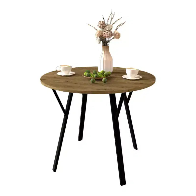 Table à manger ronde de 35,4 pouces avec plateau aspect bois et pieds en métal noir, 2 à 4 places
