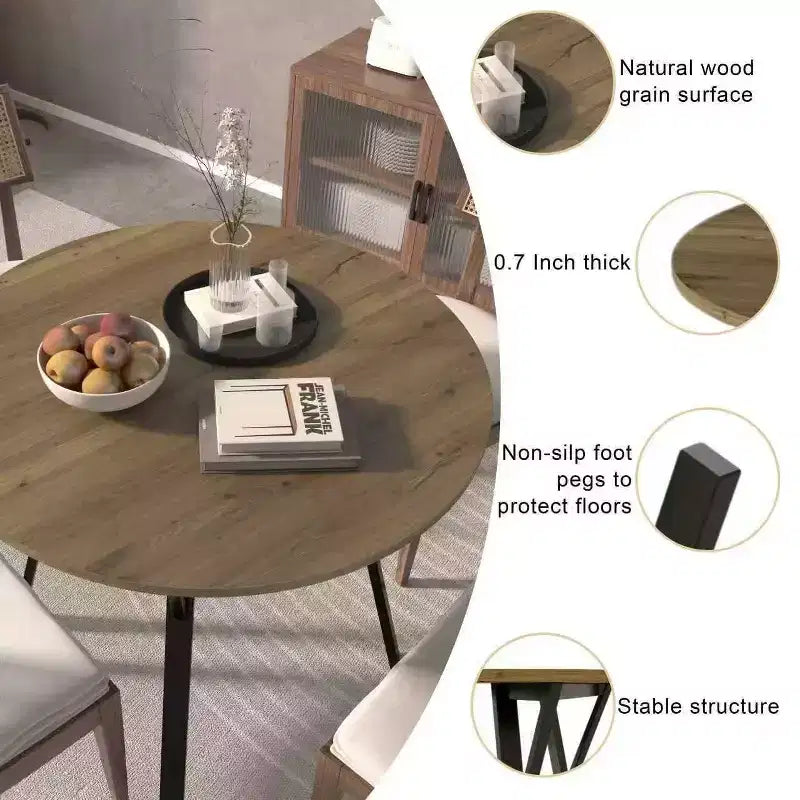 Table à manger ronde de 35,4 pouces avec plateau aspect bois et pieds en métal noir, 2 à 4 places