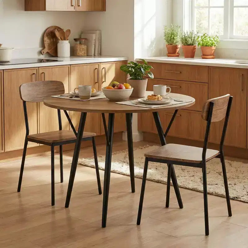 Table à manger ronde de 35,4 pouces avec plateau aspect bois et pieds en métal noir, 2 à 4 places